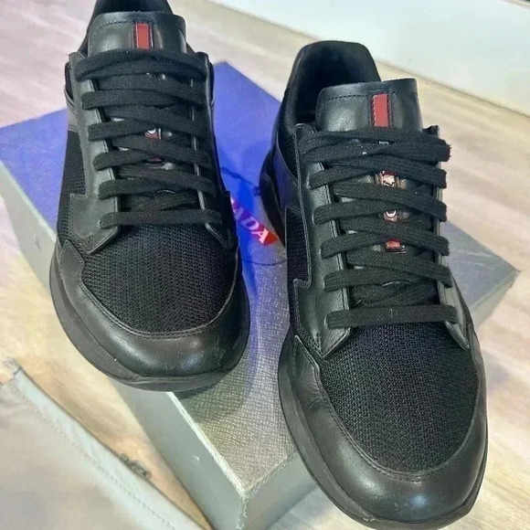 AUTH PRADA AMERICAS CUP SNEAKERS SHOES 4E2816 BLACK LEATHER US 8.5 - Picture 2 of 13